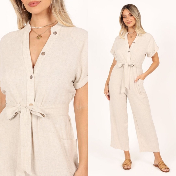 ↠ Petal & Pup Boho Minimalist Oat Chai Cream Archie Button Front Linen Jumpsuit - Picture 4 of 13